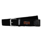The Built to Grind Cord Belt Black OS Unisex by Independent features a black durable cord, silver buckle, Independent Truck Co. label, and an orange Built To Grind logo on a black patch near the end.