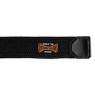A close-up of the Built to Grind Cord Belt Black OS Unisex from Independent, showcasing its black durable cord, leather end, and a patch with "Built to Independent Grind" in orange and white text.