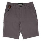 The Built to Grind Utility Shorts Pewter by Independent feature belt loops, front and side pockets, a button closure, a black Independent Trucks label above the zipper, and a black and orange "Built To Grind" tag on the waistband near a front pocket.