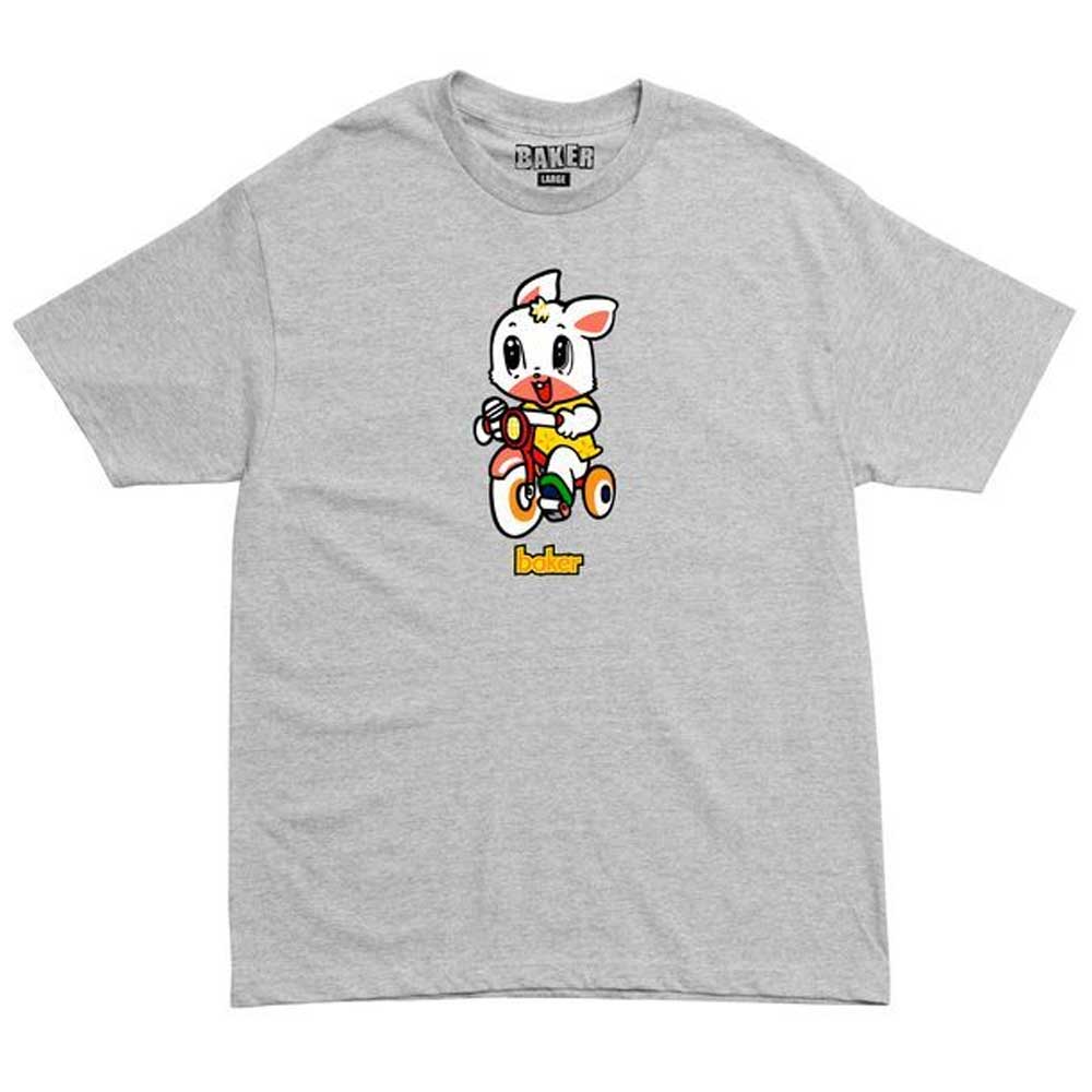 Bunny Tee Heather Baker Skateboards features a gray heather tee with a cartoon white rabbit riding a red tricycle printed on the front, and the word “baker” in yellow text below the illustration, as a tribute to Baker Skateboards.