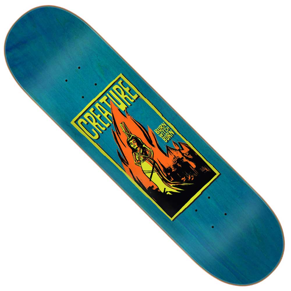The Burn Witch Burn 7 Ply Birch 8.25in x 32.04in Creature Deck features a striking graphic of a woman in front of flames, with “CREATURE” and “DONT EVEN CARE” text in bold yellow and green on a black and yellow background. This skateboard deck is part of the distinctive Creature Burn Witch Burn Deck series.