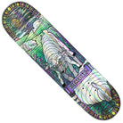 The Busenitz Holo Cathedral 8.38 Deck from Real Skateboards features a stunning stained glass-inspired illustration reminiscent of a cathedral, with sheep grazing serenely in a field and an ornate decorative border. Boldly displaying "BUSTINIZE," this deck artfully combines eye-catching design with Busenitz signature style.