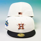 Two Houstatlantavegas Chrome Black Green ASG Houston Astros New Era 5950 Fitted hats are shown—one displays a front star and "H" logo, the other the MLB logo. Both have white crowns, black brims, and a colorful side patch.