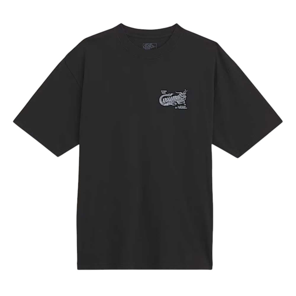 The Caballero VN000XHBBLK1 Black Tee from Vans Skateboarding is a loose fit, black short-sleeve T-shirt featuring a small white dragon graphic and text on the left chest, shown laid flat on a white background.