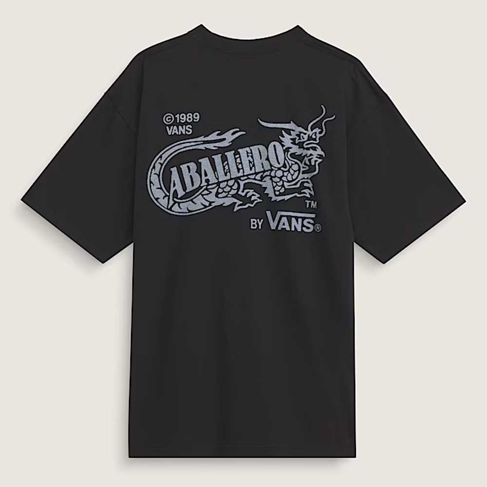 The Caballero VN000XHBBLK1 Black Short Sleeve Tee by Vans Skateboarding features a bold dragon graphic and large CABALLEROS text, with ©1989 VANS and BY VANS® on the back. Designed in a loose fit for comfort and style.