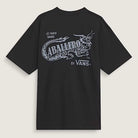 The Caballero VN000XHBBLK1 Black Short Sleeve Tee by Vans Skateboarding features a bold dragon graphic and large CABALLEROS text, with ©1989 VANS and BY VANS® on the back. Designed in a loose fit for comfort and style.