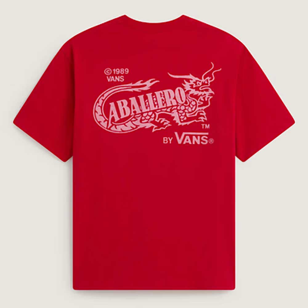 The Caballero VN000XHBIZQ1 Racing Red Short Sleeve Tee by Vans Skateboarding features a loose fit, bold white dragon graphic and "CABALLERO" text with ©1989 VANS BY VANS™ on the back.