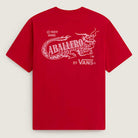 The Caballero VN000XHBIZQ1 Racing Red Short Sleeve Tee by Vans Skateboarding features a loose fit, bold white dragon graphic and "CABALLERO" text with ©1989 VANS BY VANS™ on the back.