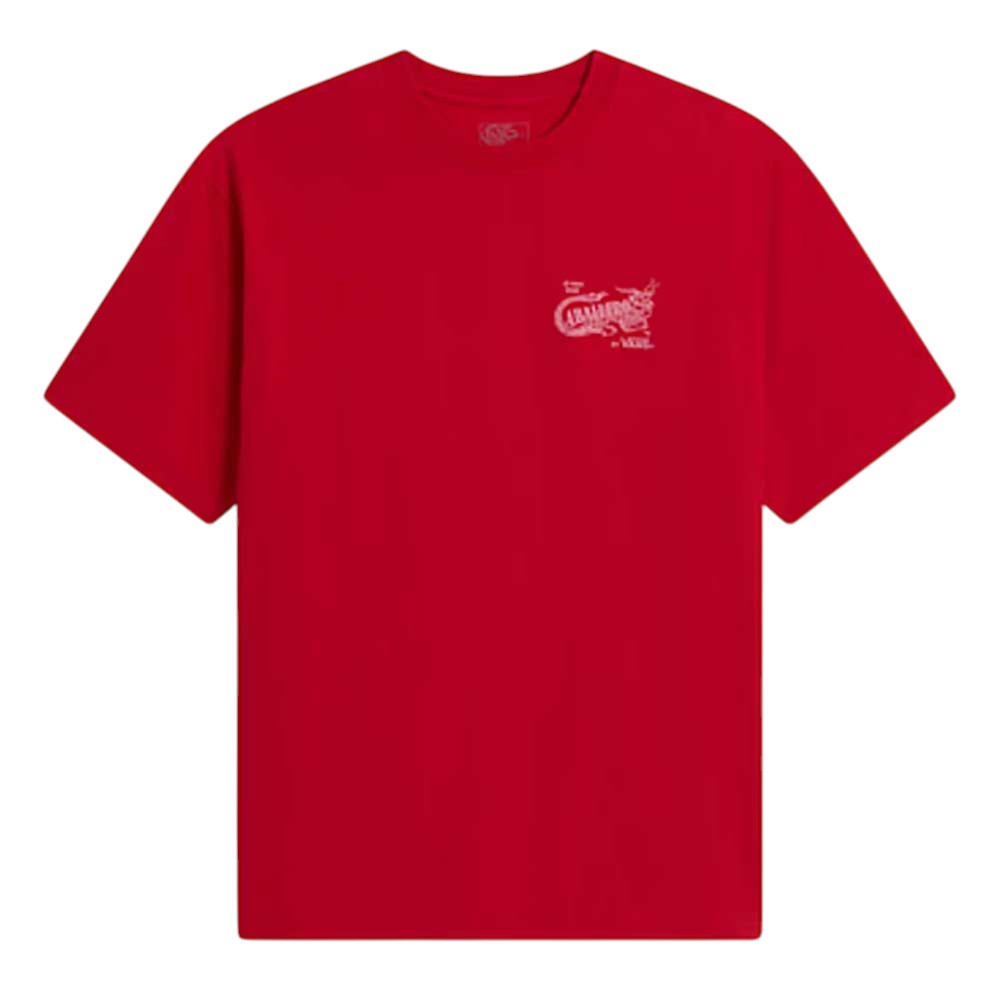 A loose fit, plain racing red Caballero VN000XHBIZQ1 T-shirt from Vans Skateboarding, featuring short sleeves and a small white dragon graphic with text on the left chest.