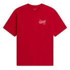 A loose fit, plain racing red Caballero VN000XHBIZQ1 T-shirt from Vans Skateboarding, featuring short sleeves and a small white dragon graphic with text on the left chest.