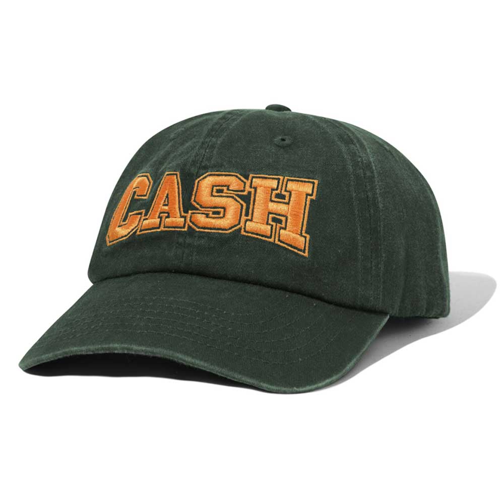 The Campus 6 Panel Cap Washed Fatigue CASH ONLY Hat COD153902 is a dark green cotton twill cap with "CASH" boldly embroidered in yellow on the front, featuring a curved brim and relaxed fit.