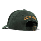 The Campus 6 Panel Cap Washed Fatigue Cash Only Hat (COD153902) is a dark green cotton twill cap, shown from the back with "CASH ONLY" in yellow embroidery above an adjustable strap and metal buckle. Custom dye creates its unique color.