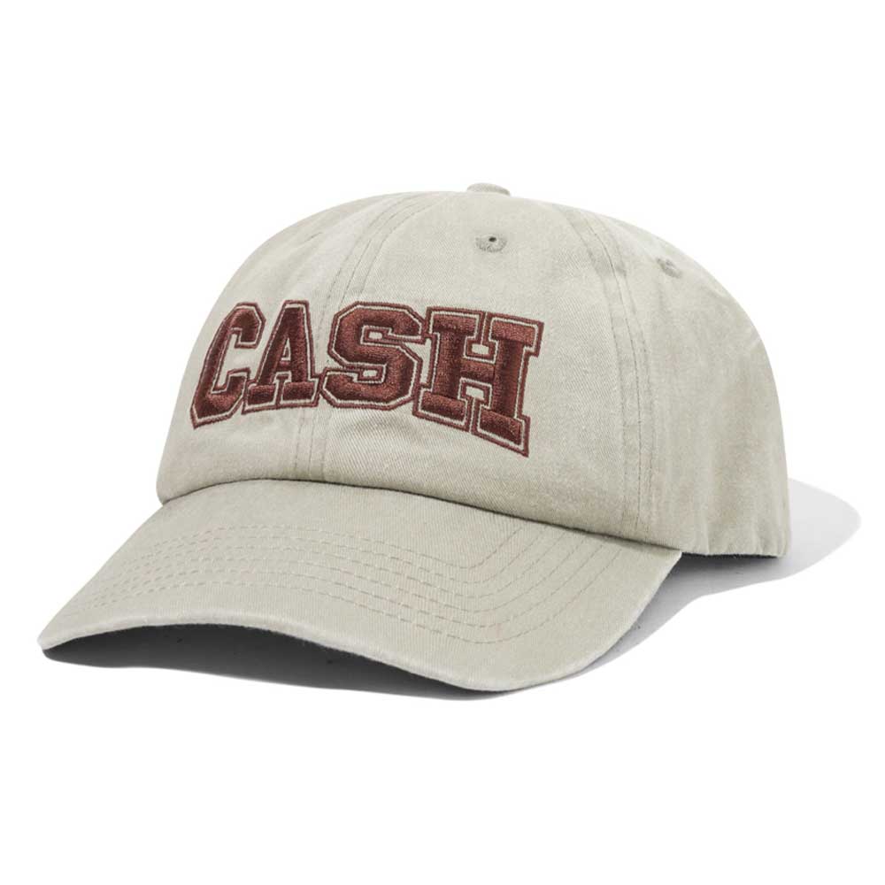 The Campus 6 Panel Cap Washed Grey Cash Only Hat COD153901 features "CASH" boldly embroidered on the front. Made of cotton twill, it has an adjustable closure for comfort and style.