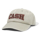 The Campus 6 Panel Cap Washed Grey Cash Only Hat COD153901 features "CASH" boldly embroidered on the front. Made of cotton twill, it has an adjustable closure for comfort and style.