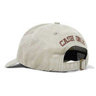 The Campus 6 Panel Cap Washed Grey Cash Only Hat COD153901 features "CASH ONLY" embroidered in brown above the adjustable metal buckle closure on the back.