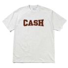 The Campus Tee Ash Cash Only T-Shirt COD150701 is a heavyweight, light gray 6.5oz cotton tee with "CASH" in bold brown collegiate letters across the chest, shown laid flat on a white background.
