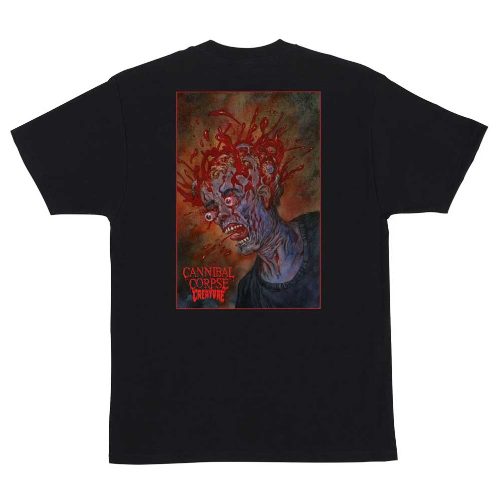 The Cannibal Corpse Heavyweight T-Shirt Black Creature features graphic art of a screaming zombie head with blood, plus bold red "Cannibal Corpse" and "Evisceration Plague" text, in a men's regular fit.