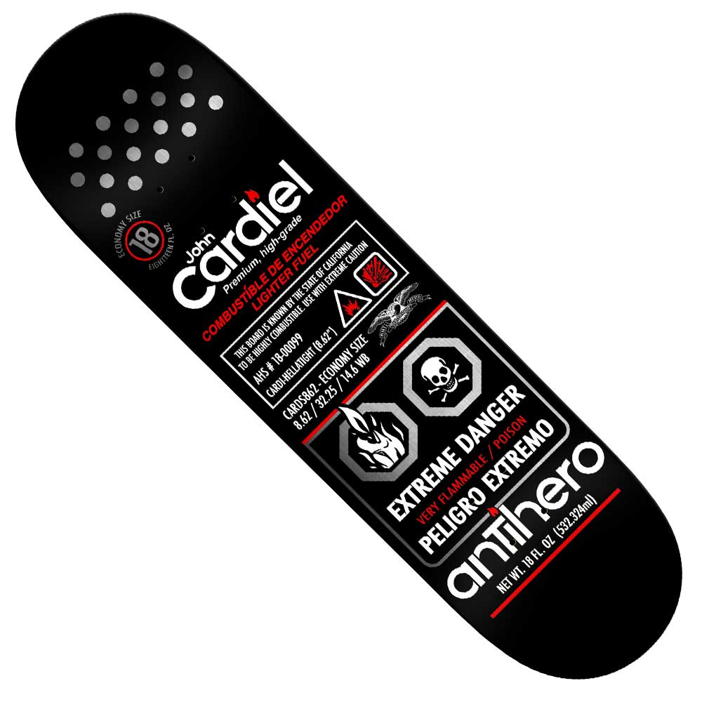 The Cardiel Fueled Up 8.62 Anti Hero Skateboards Deck in black features white and red warning labels, hazard symbols, and bold "EXTREME DANGER" text, resembling a chemical warning sign.