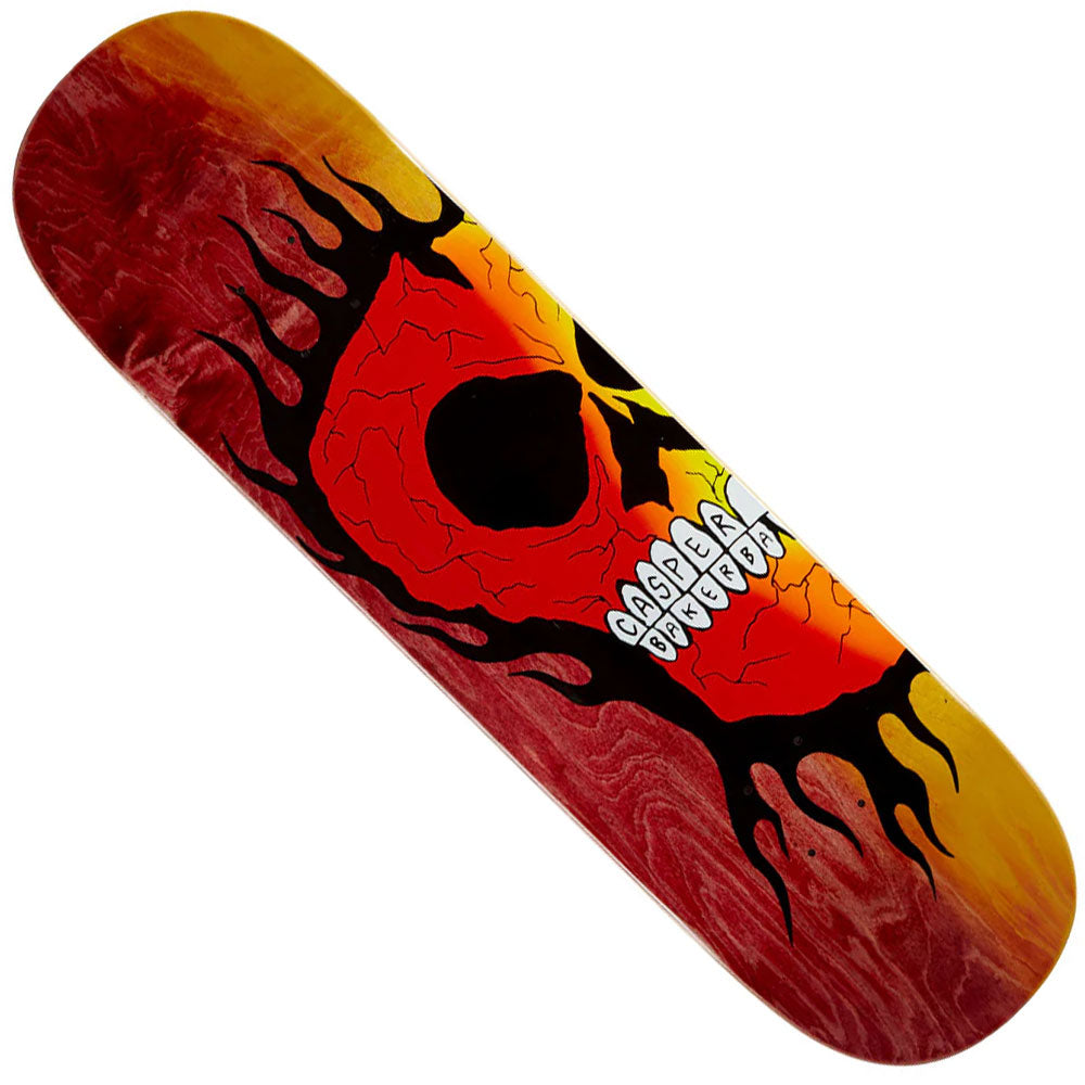 The Casper Booker Rasta 8.5x32 Baker Deck features a fiery red and orange design with a bold, stylized burning eye and the words "CASPER DEVILLE" inside, finished with striking black flames.