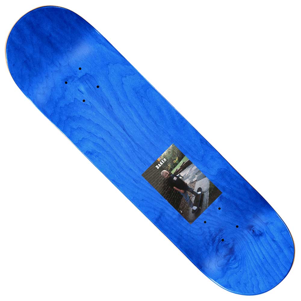 The Casper Brooker Epicly Laterd 8.5 Baker Skateboards Deck is a blue skateboard deck featuring a small photo of Casper Brooker holding a skateboard printed near the center, with the word BAKER above the photo.