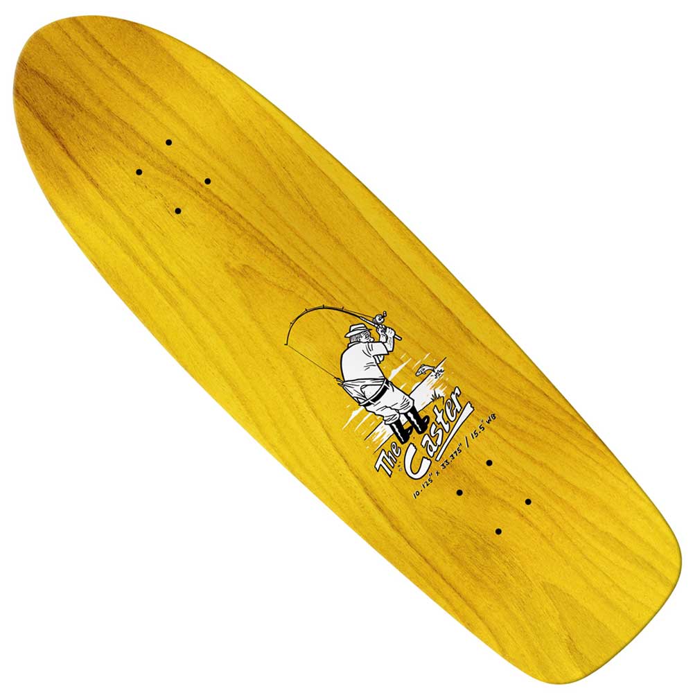 The Caster Eagle Shaped 10.12 Anti Hero Skateboards Deck is a yellow wooden skateboard deck from Anti Hero Skateboards, showcasing a distinct eagle-shaped design and a graphic depicting a man fishing, titled "The Caster." The visible wood grain runs throughout the deck, which comes pre-drilled with holes for trucks.