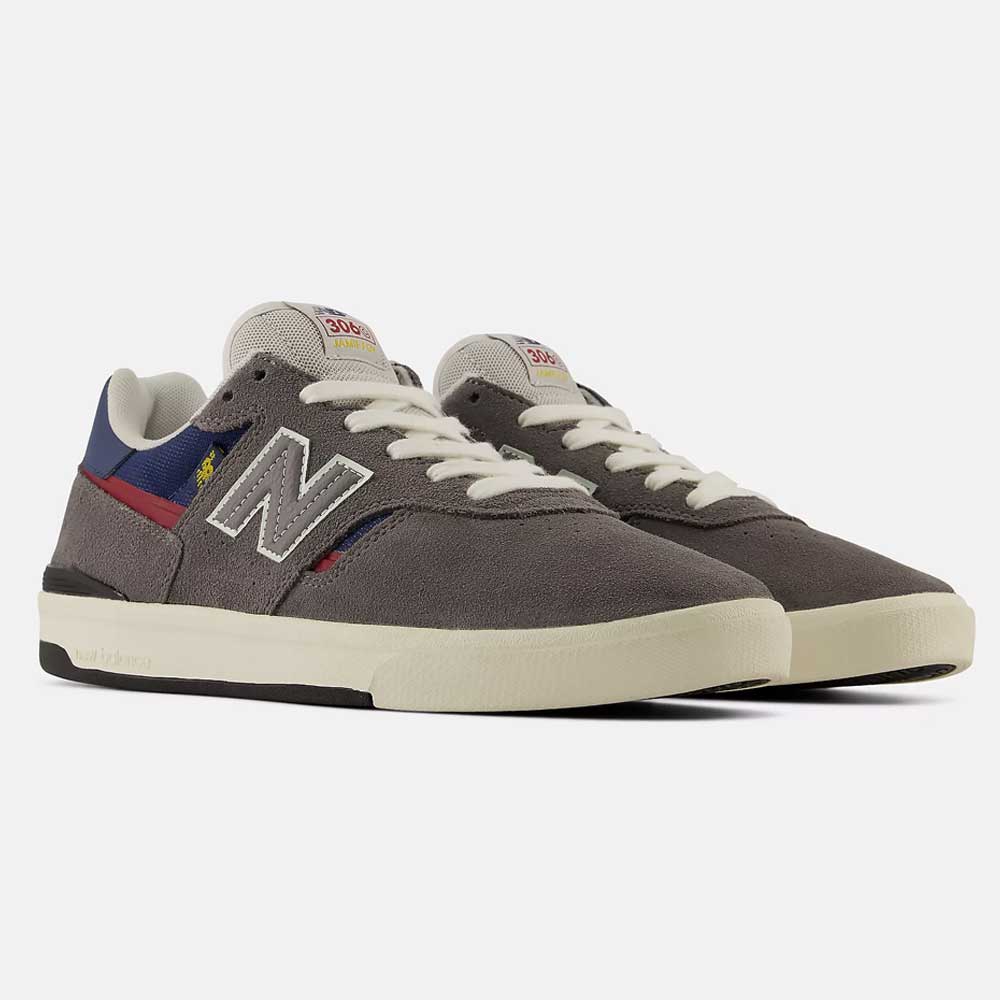 A pair of Castlerock Navy Jamie Foy Cup 306 CYZ New Balance Numeric Suede Skateboarding Shoes, featuring a durable gray suede upper, white soles, white laces, and navy blue and red accents, positioned side by side on a plain white background.