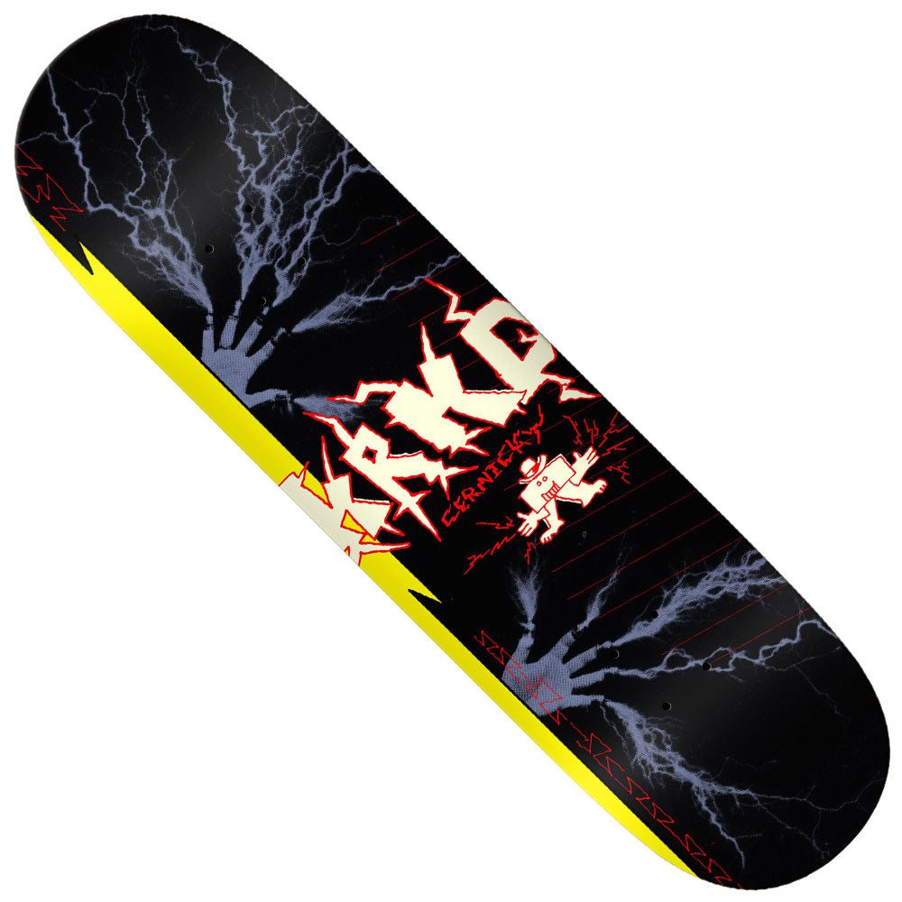 The Cernicky Lightening Finger 8.5x31.35 True Fit Krooked Skateboards Deck showcases a black background with yellow edges, bold white lightning graphics inspired by the Cernicky Lightening Finger, vibrant red graffiti-style text that reads “KROOKED CHROMEBALL,” and a small white cartoon figure at the center.