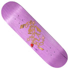 The Chain Lizzie Armanto 8.25x32 Birdhouse Deck features a gold chain with red heart, wing, key, and carrot charms on a purple background—ideal for Lizzie Armanto fans and anyone who loves unique skate style.