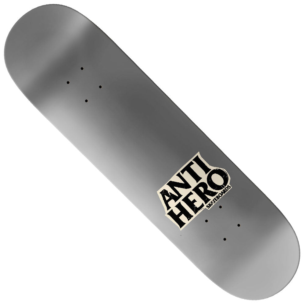 The Champman Lance Art 8.32x31.64 Anti Hero Skateboards Deck is a gray board with the word “ANTIHERO” in bold black letters and “SKATEBOARDS” in smaller text beneath, positioned near one end as part of the Champman Lance series.