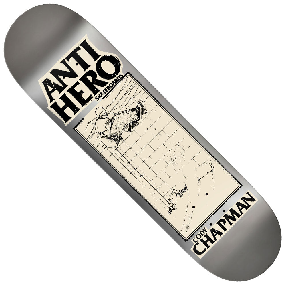 The Champman Lance Art 8.32x31.64 Anti Hero Skateboards Deck features a graphic of a skeleton skateboarding in front of a brick wall with birds on the ground. The grey deck displays the Antihero logo at the top and Cody Champman Lance printed at the bottom.