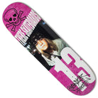 The Chandler 8.5x31.85 There Skateboards Deck is pink with a black skull and crossbones, a long-haired person in a bandana, a large white 13, and bold white and black stylized text and graphics.