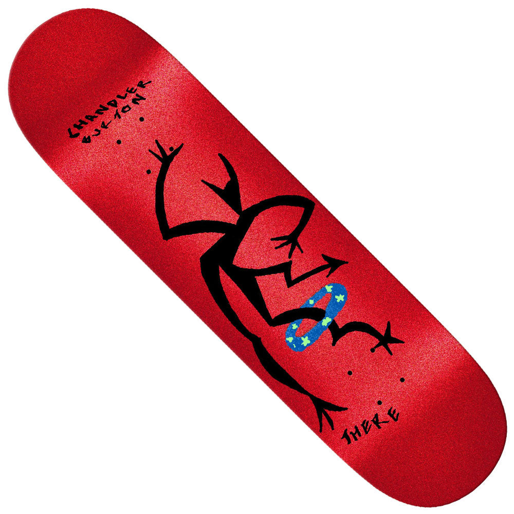 Introducing the Chandler Ballet 8.06 True Fit There Skateboards Deck—a red deck showcasing a black abstract frog design with a blue polka dot ring and stylized “CHARLIEE” and “THERE” text, perfect for skateboard enthusiasts who value unique artistry and want to express their style from the streets to the Chandler Ballet.