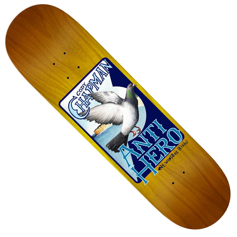 The Chapman Homers 8.32 Anti Hero Skateboards Deck features a wood finish, flying pigeon graphic, blue sky background, and bold white and blue "Cody Chapman" and "Anti Hero Skateboards" text from the Homers series.