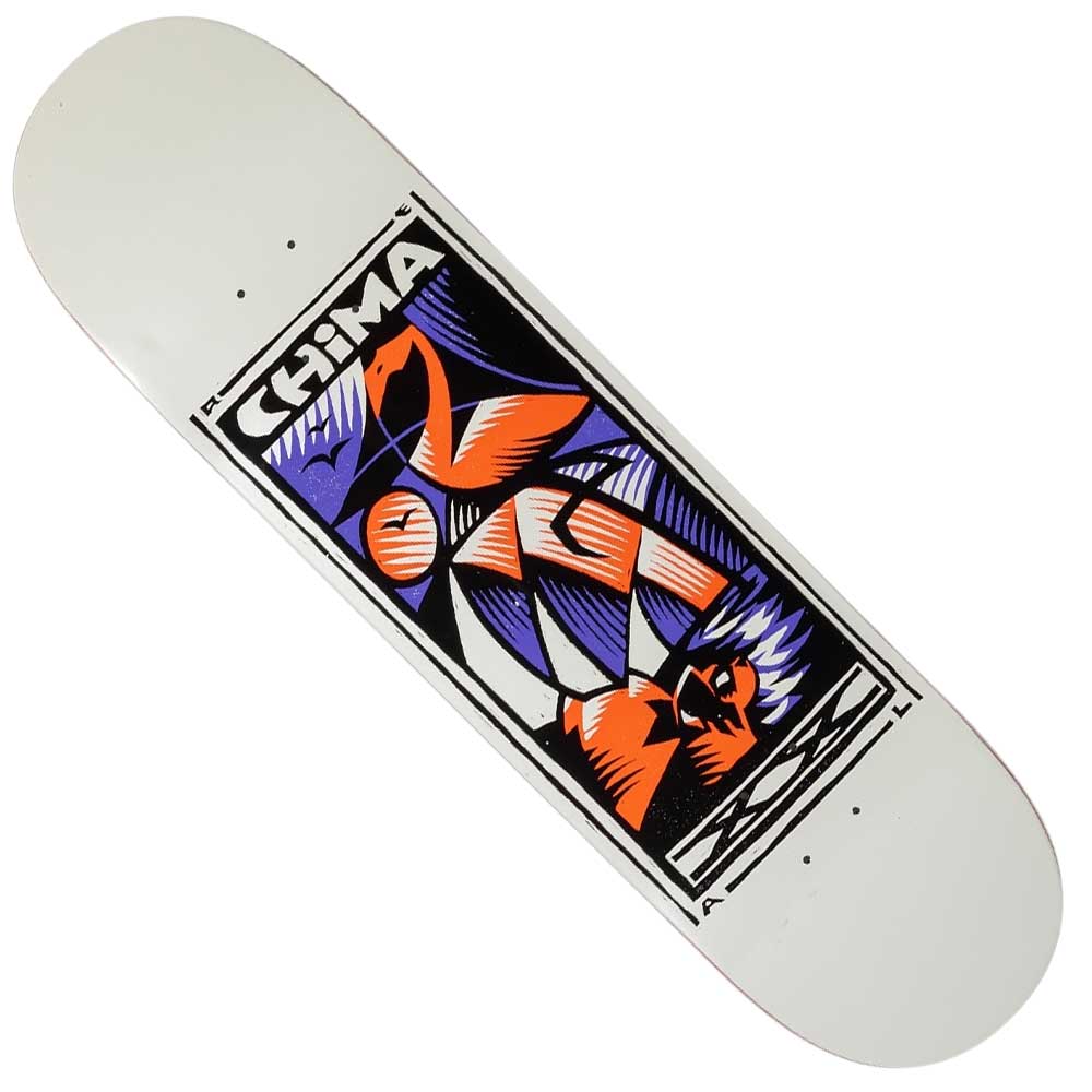 The Chima 20 Years 8.25 Real Skateboard Deck features a bold, abstract graphic with orange, black, and purple geometric shapes on a white background and CHIMA displayed at the top.