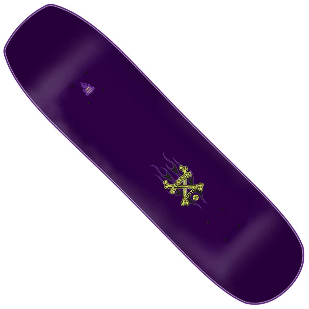 The Chop Shop Flame 8.50in x 32.05in Creature Skateboard Shaped Deck is made from 7 ply North American maple, features a yellow-green sword and flame graphic, a small purple emblem, and has wide square-shaped nose and tail for classic Creature style.
