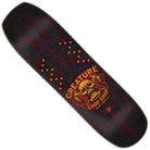 The Chop Shop Pinstripe 8.75in x 32.05in Creature Skateboard Shaped Deck features black pinstripes, red and blue tribal designs, a yellow skull, bold "CREATURE CHOP SHOP" text, and orange truck mounting holes—ideal for any Creature Skateboards fan.