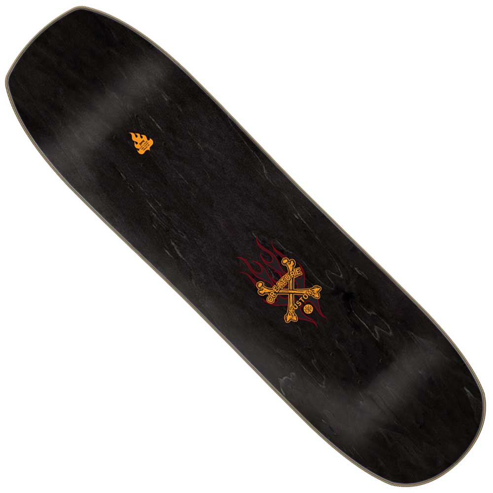 The Chop Shop Pinstripe 8.75in x 32.05in Creature Skateboard Shaped Deck features a black pinstripe design, yellow and red flames around crossed swords at the center, a small yellow flame icon, and a wide, squared nose and tail for classic Creature style.