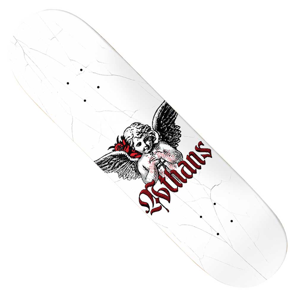 The Chris Athans Cherub 8.475 Deathwish Skateboards Deck showcases a white deck adorned with a striking black and white winged cherub holding a red rose, set against subtle gray crack details. The word “Nihilans” appears in bold red and black gothic font, capturing the vivid, artistic style inspired by Chris Athans and crafted by Deathwish Skateboards.