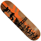 The Chris Athans Dance 8.25x31.5 Deathwish Deck features black silhouettes dancing and swinging on ropes, an orange “X,” a geometric background over wood grain, and "ATHAS" on the left, inspired by Chris Athans.