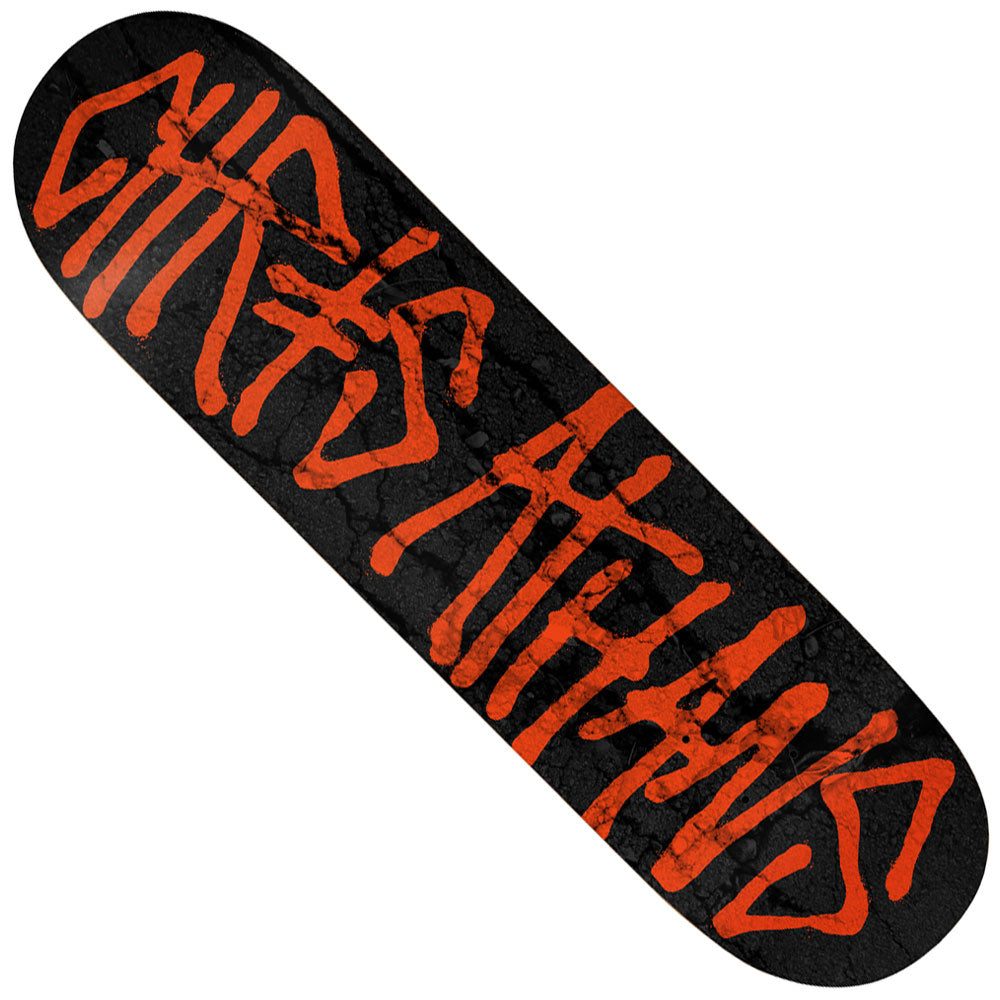 The Chris Athans Gang Name 8.5x32 Deathwish Deck is a black skateboard deck with bold, graffiti-style orange text and abstract lines, featuring distinctive street-inspired stylized lettering.