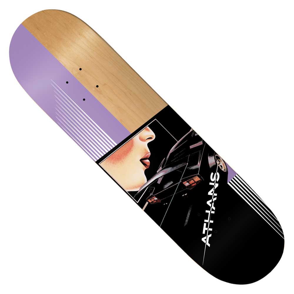 The Chris Athans Redline 8.25 Deck from Deathwish Skateboards features a striking half-natural wood, half-black and purple design. Showcasing a profile graphic of Chris Athans’ face next to a car and the vertically printed “ATHANS,” this deck blends eye-catching visuals with standout performance.