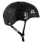 The Christian Hosoi Black Leopard Matte Lifer S1 Helmet S ONE CPSC features a subtle leopard print, adjustable chin strap, white S1 logo on the side, and ventilation holes on top and sides—ideal for skateboarding.