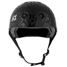 The Christian Hosoi Black Leopard Matte Lifer S1 Helmet S ONE CPSC features a subtle leopard print, two front vents, left-side S1 logo, and adjustable black chin strap—perfect for stylish skateboarding.