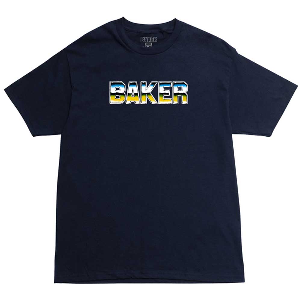 Chrome Zone Tee Navy by Baker Skateboards features bold, block BAKER lettering across the chest, filled with a blue, yellow, and white gradient design inspired by the classic Chrome Zone look.