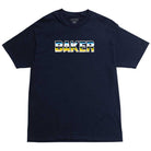 Chrome Zone Tee Navy by Baker Skateboards features bold, block BAKER lettering across the chest, filled with a blue, yellow, and white gradient design inspired by the classic Chrome Zone look.