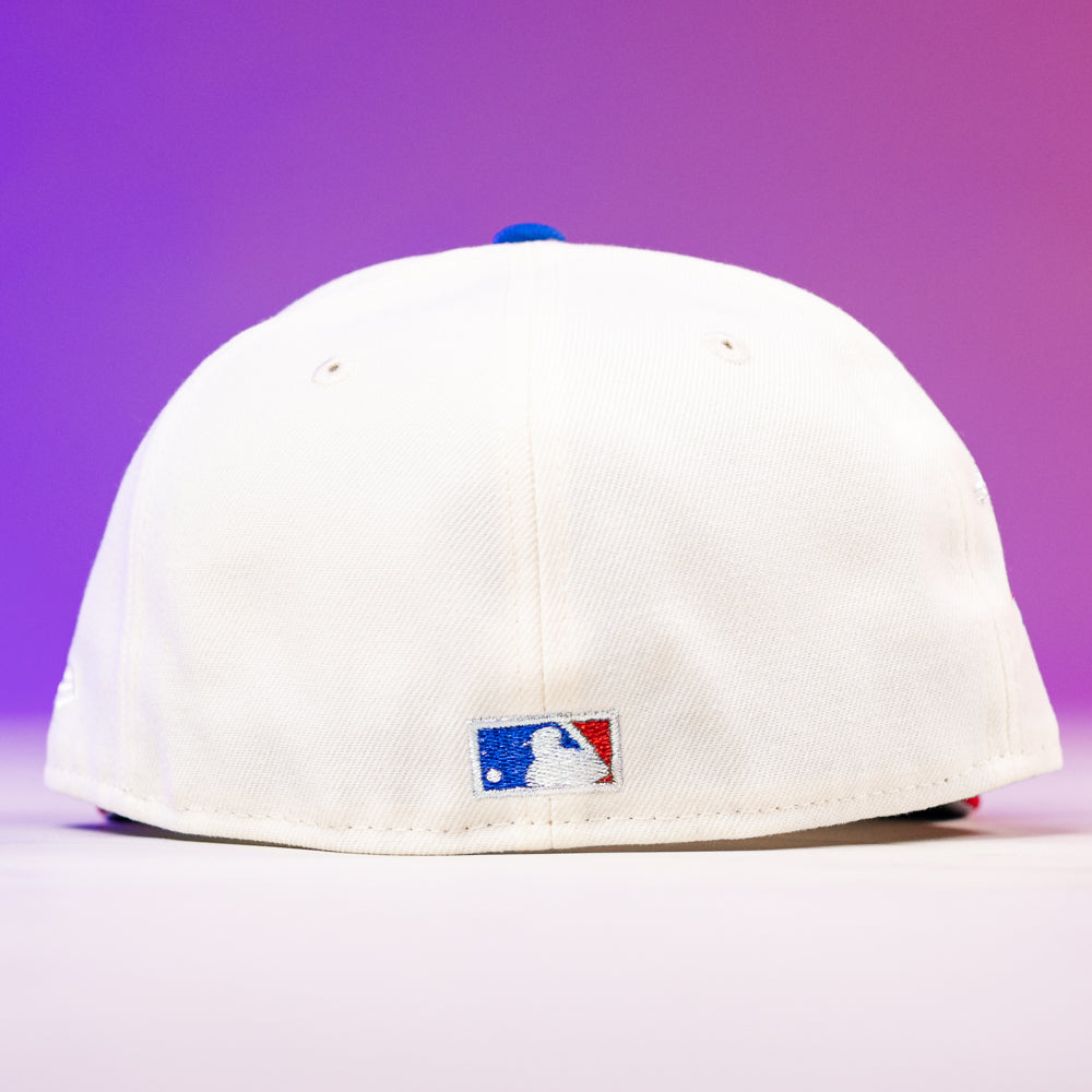 A Diplomat Chrome Scarlet Houston Astros New Era 5950 Fitted Hat in white, shown from the back with a small embroidered MLB logo above the brim, set against a purple-to-pink gradient background.