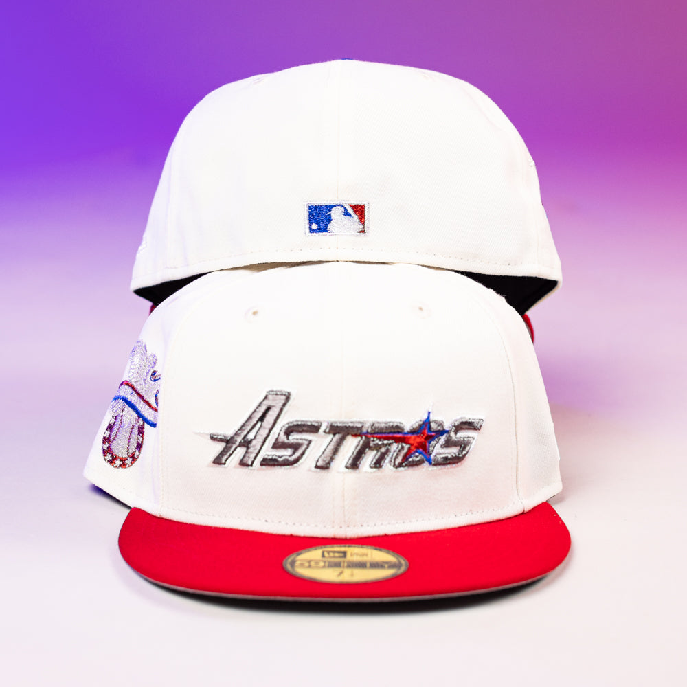 Two white The Diplomat Chrome Scarlet Houston Astros New Era 5950 Fitted hats with red brims are shown. The front displays the Astros logo, the back has an MLB logo, and both feature extra team patches on the sides against a purple gradient background.
