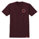 Presenting the Classic Burgundy Red Tee Spitfire Wheels: this plain maroon t-shirt showcases a small circular red flame logo inspired by Spitfire Wheels on the left chest, making it an ideal skateboard t-shirt for those who appreciate understated style.