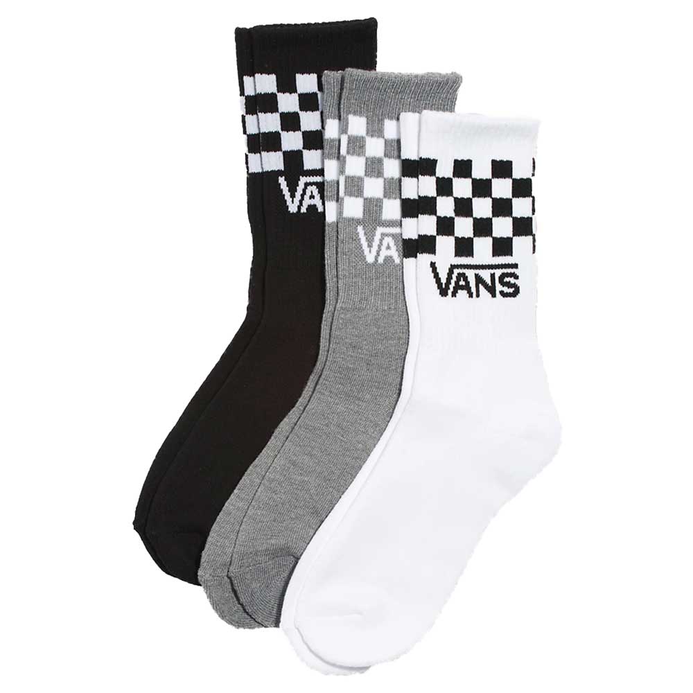 Three pairs of Vans Skateboarding Classic Check Crew Socks Black VN000QBUY281 are shown in black, gray, and white. Each pair features a cushioned sole, checkerboard pattern, Vans logo on the cuff, and is made from a soft cotton blend.