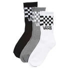 Three pairs of Vans Skateboarding Classic Check Crew Socks Black VN000QBUY281 are shown in black, gray, and white. Each pair features a cushioned sole, checkerboard pattern, Vans logo on the cuff, and is made from a soft cotton blend.